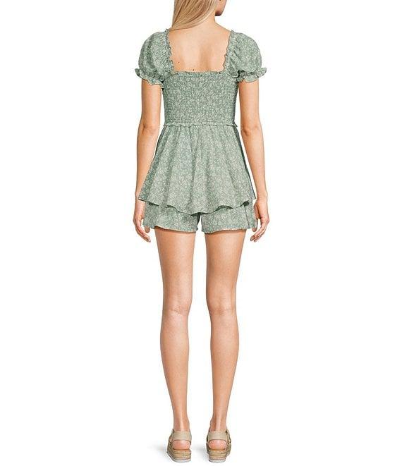Allison & Kelly Printed Square Neck Short Puff Sleeve Pinch Front Romper Product Image