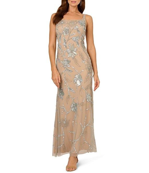 Adrianna Papell Square Neck Floral Beaded Mesh Column Gown Product Image