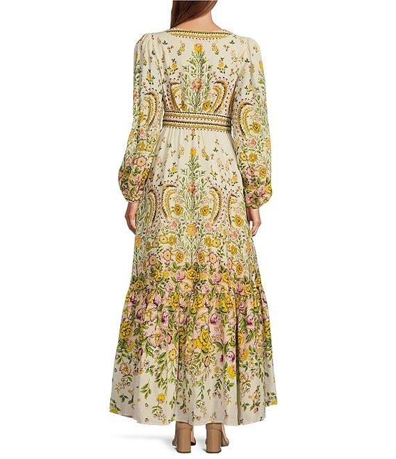 A Loves A Floral Print Woven V-Neck Button Front Long Balloon Sleeve Tie at Waist A-Line Flounce Maxi Dress Product Image