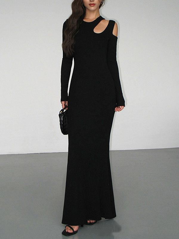 Long Sleeves Skinny Hollow Solid Color Cold Shoulder Maxi Dresses Product Image