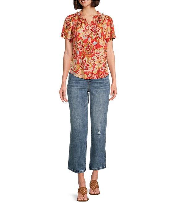 Democracy Petite Size Woven Floral Ruffled Trim Split-V Neck Short Bell Sleeve Top Product Image