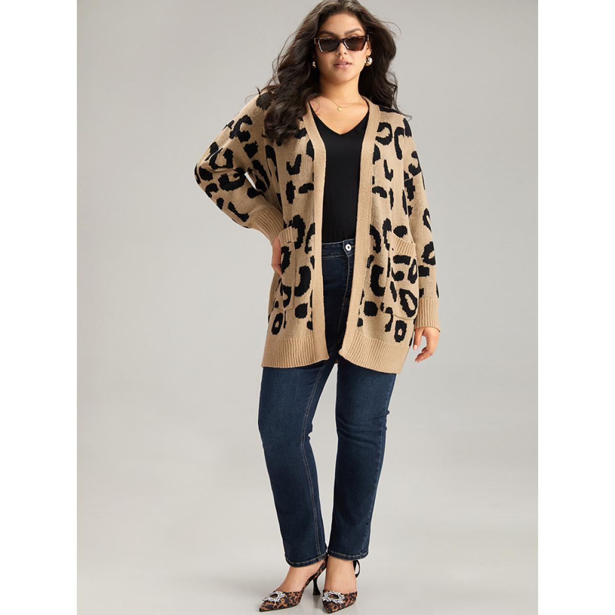 Plus Size Leopard Elastic Cuffs Drop Shoulder Cardigan Leopard Women Casual Loose Long Sleeve Everyday Cardigans BloomChic 22-24/3X Product Image