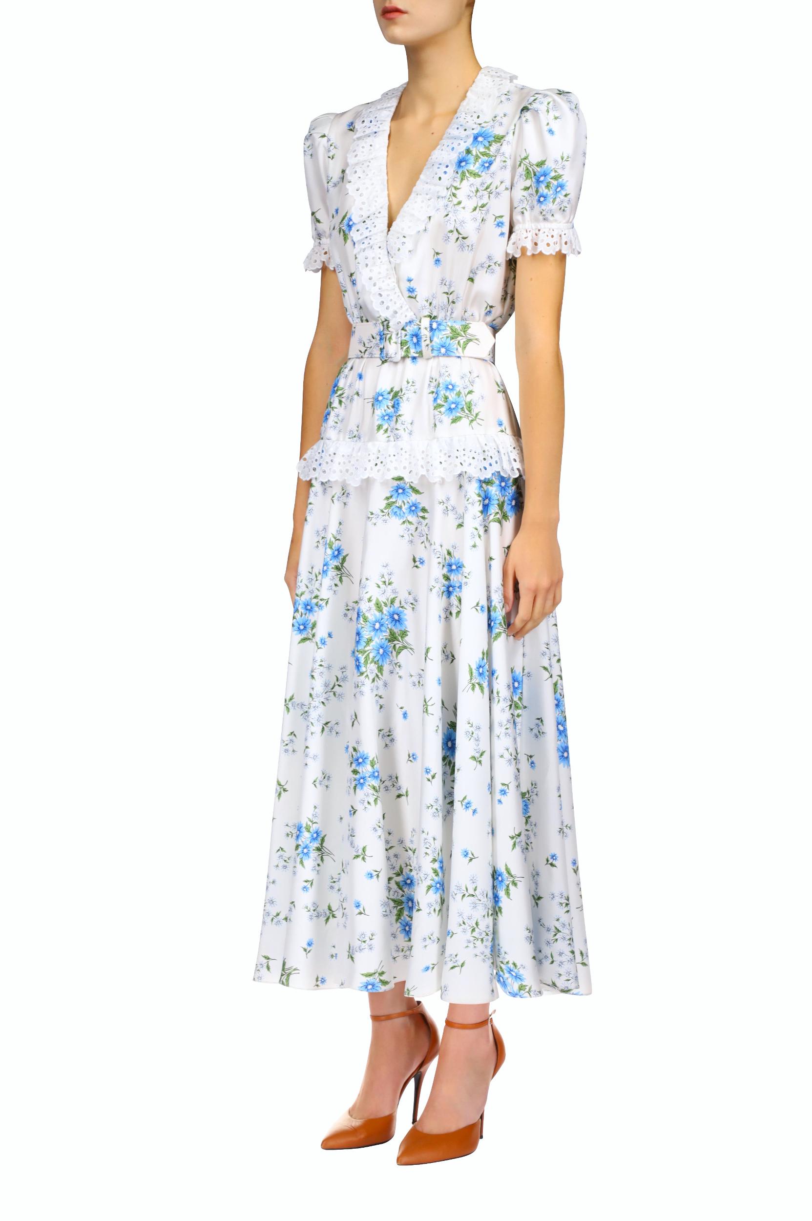 White And Blue Daisy Silk Twill  Dress With Eyelet Ruffle Detail And Belt Product Image