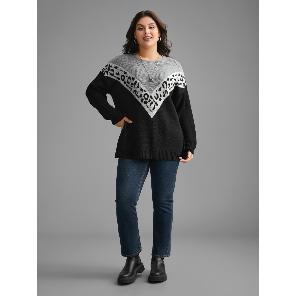 Plus Size Leopard Print Contrast Patchwork Pullover Black Women Casual Loose Long Sleeve Round Neck Everyday Pullovers BloomChic 18-20/2X Product Image