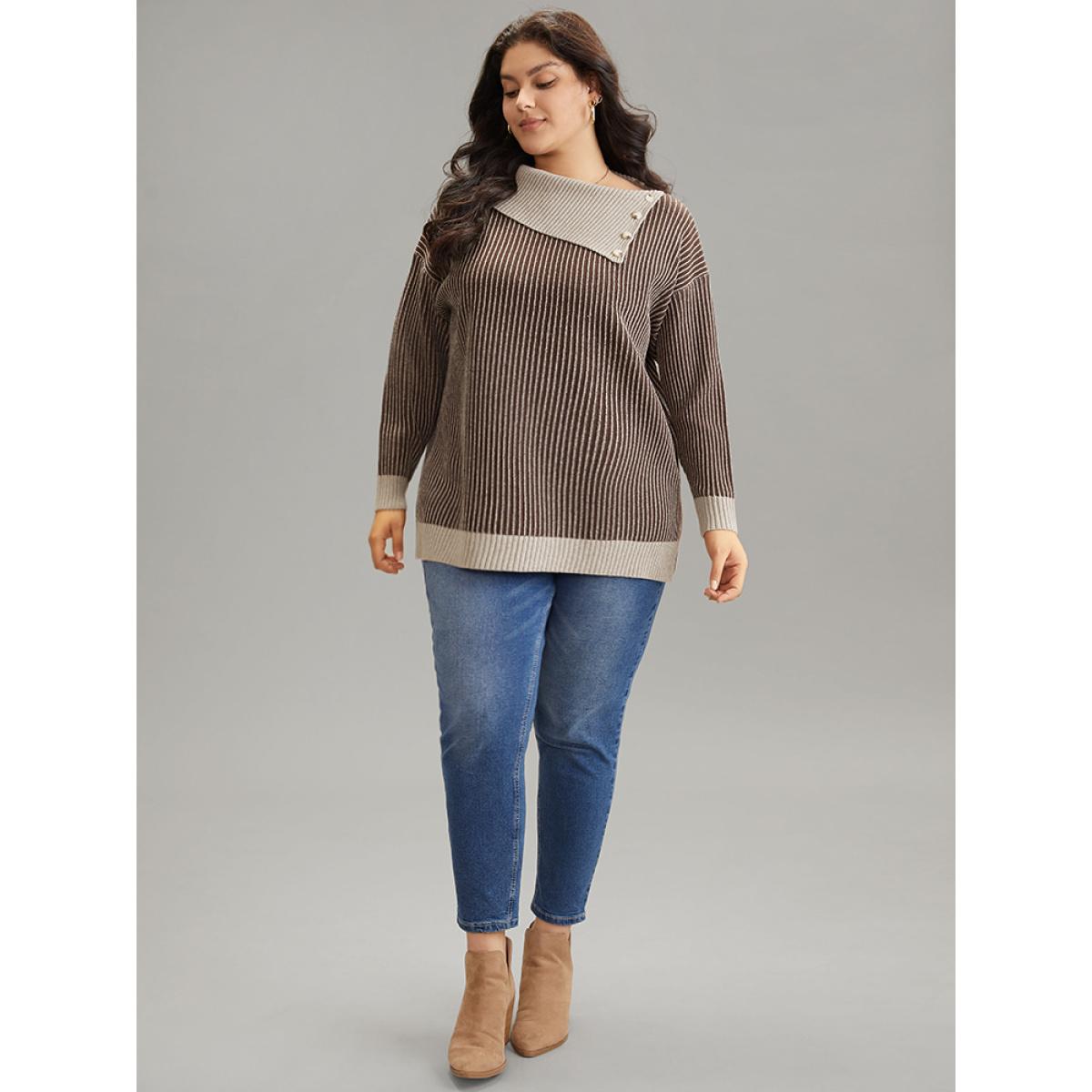 Plus Size Supersoft Essentials Striped Button Detail Pullover DarkBrown Women Casual Loose Long Sleeve Asymmetrical Neck Dailywear Pullovers BloomChic 12/L Product Image