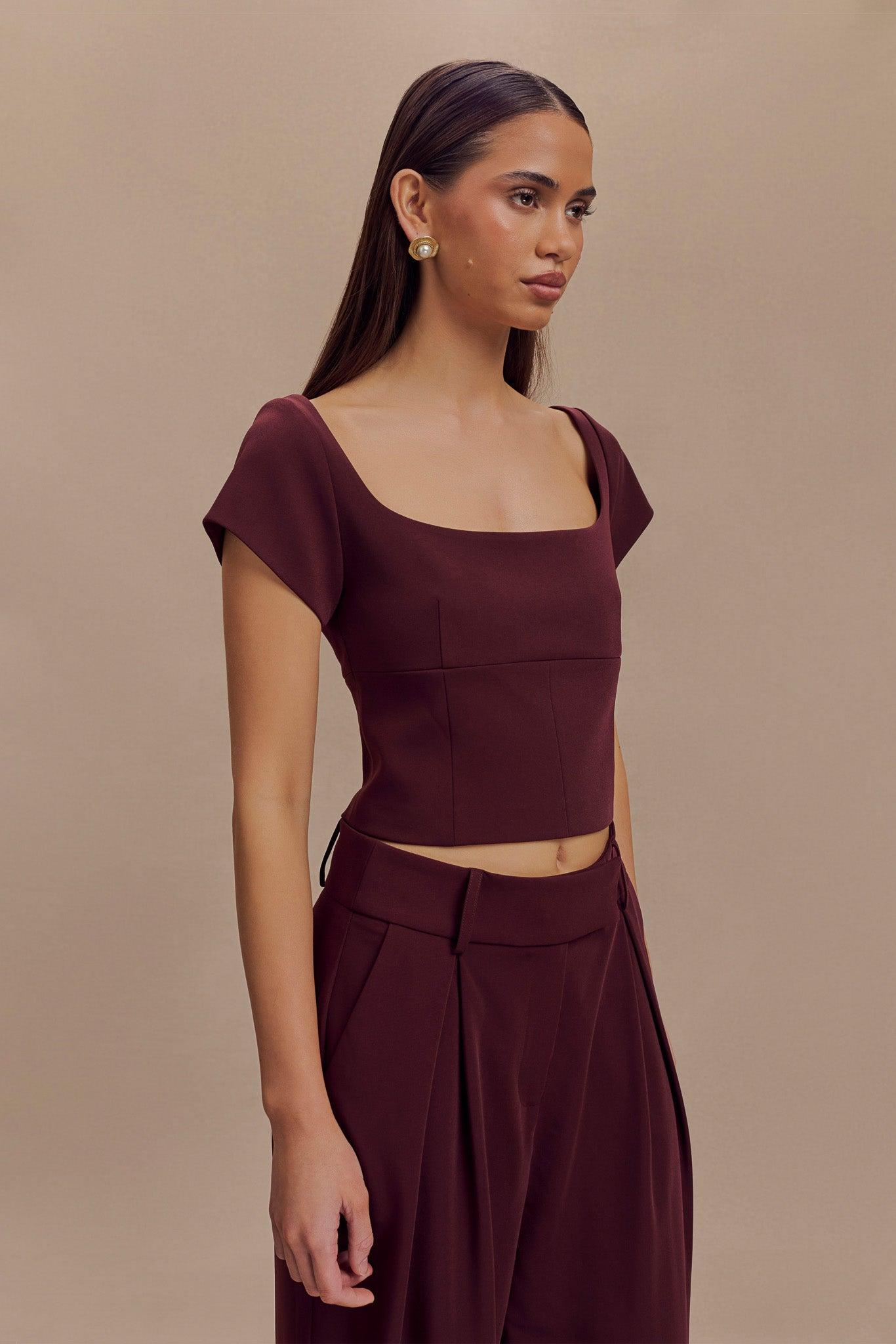 Ellis Cap Sleeve Longline Suiting Top - Mahogany Product Image