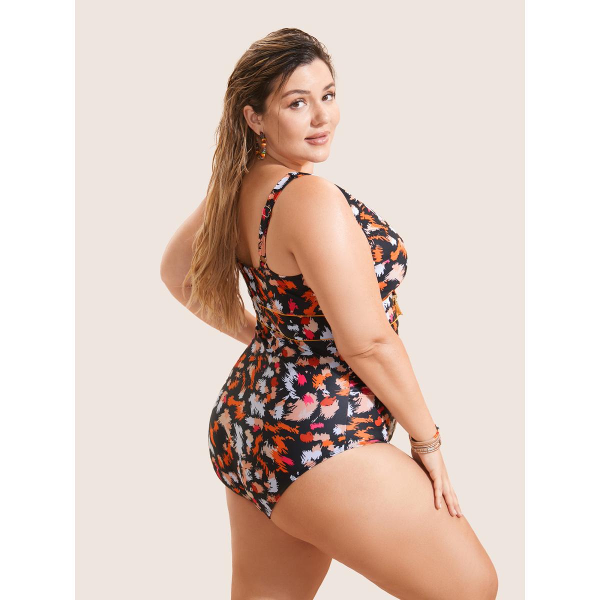 Plus Size Brush Print Ties Tassel One Piece Swimsuit Women's Swimwear Multicolor Beach Non Curve Bathing Suits Medium stretch One Pieces BloomChic 26/4X Product Image