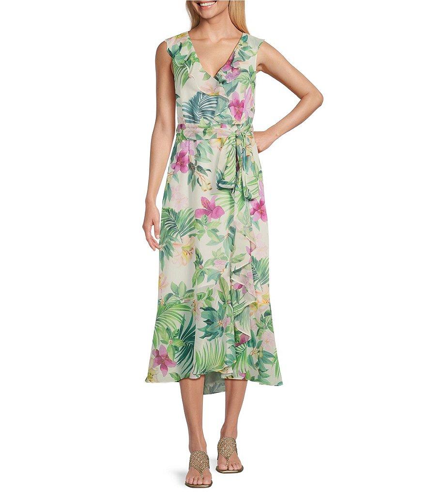 Tommy Bahama Tropical Bliss Crinkle Georgette Surplice V-Neck Sleeveless Ruffle Trim Maxi Dress Product Image