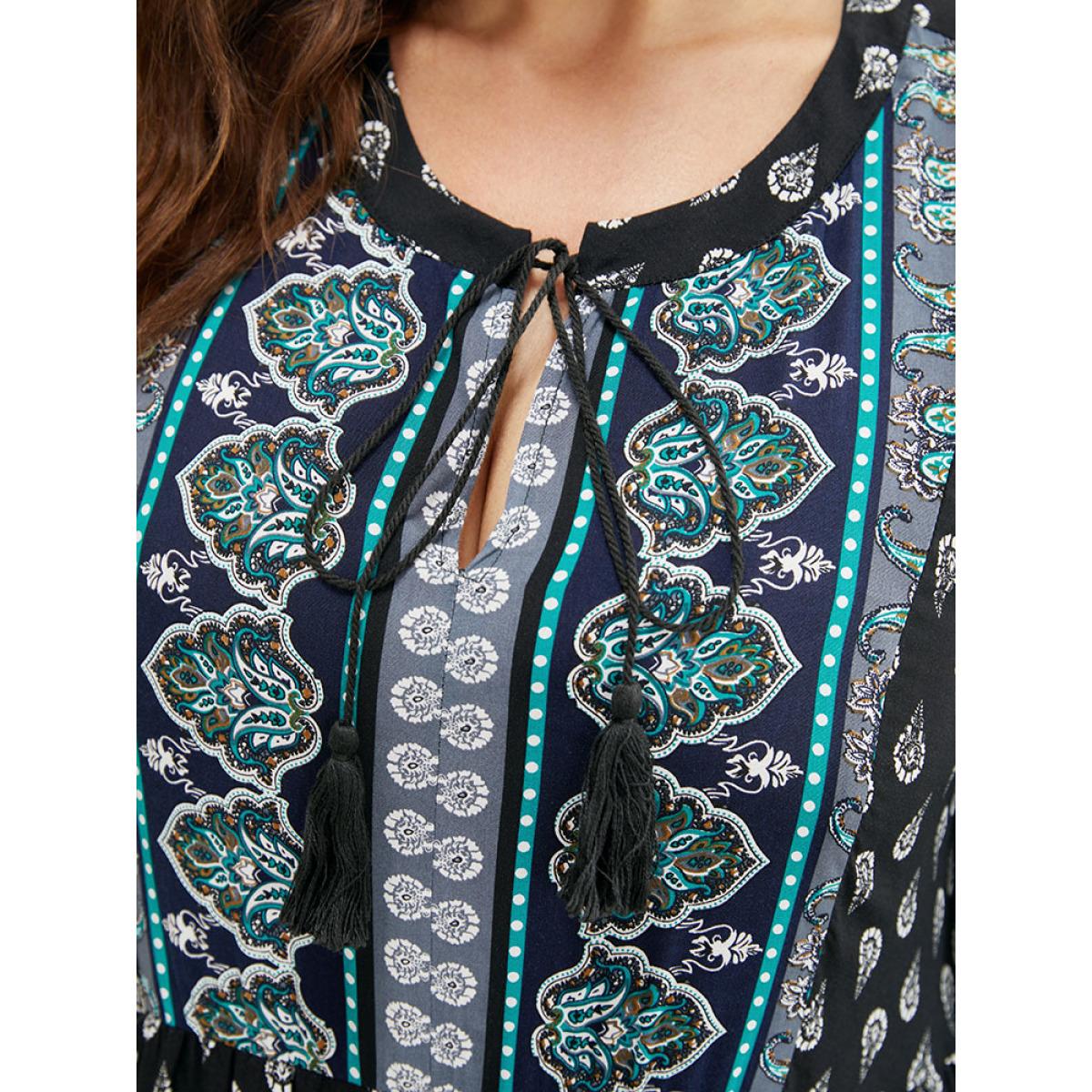 Plus Size Bandana Print Ruffles Lantern Sleeve Pocket Tassels Tie Neck Dress Indigo Women Vacation Tassels Tie Neck Elbow-length sleeve Curvy Midi Dress BloomChic 26/4X Product Image