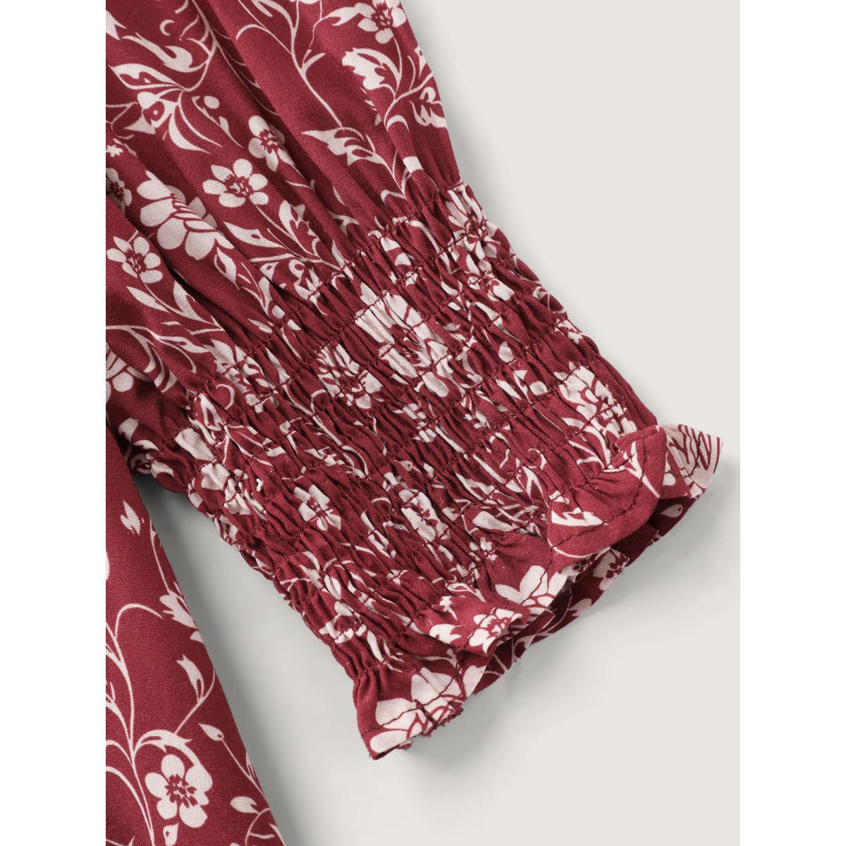 Plus Size Deepred Floral Ruffled Collar Button Front Blouse Women Timeless Long Sleeve Shirt collar Elegant Blouses BloomChic 26/4X Product Image