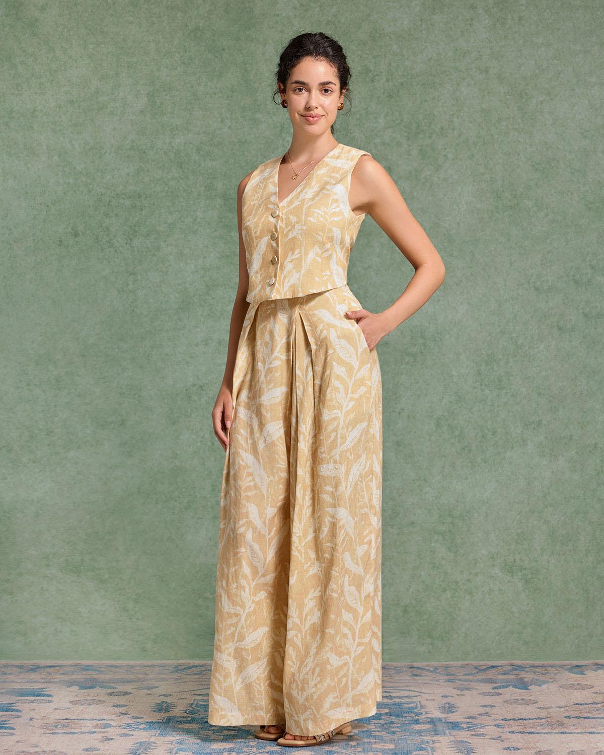 Yellow Floral Wide Leg Pants Product Image