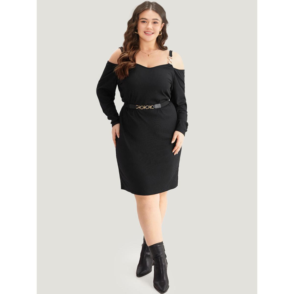 Plus Size Plain Rib Knit Metal Detail Cami Dress Black Women Casual Texture Spaghetti Strap Long Sleeve Curvy Knee Dress BloomChic 12/L Product Image