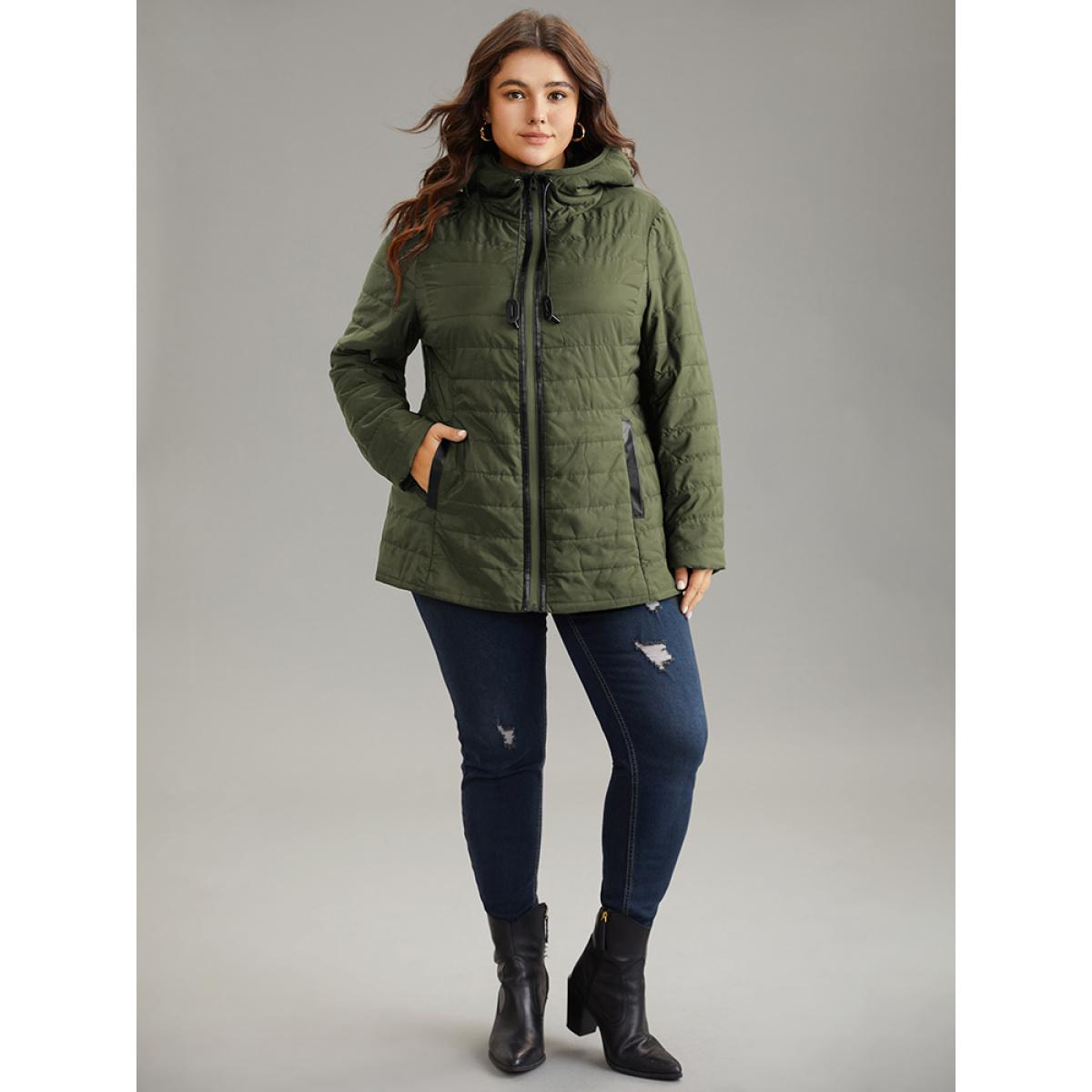 Plus Size Drawstring Patchwork PU Leather Zipper Jacket Women ArmyGreen Casual Lined Ladies Everyday Winter Coats BloomChic 22-24/3X Product Image