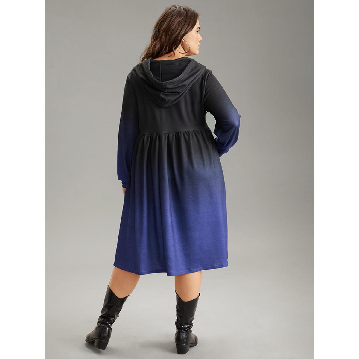 Plus Size Ombre Elastic Waist Drawstring Hooded Dress DarkBlue Women Casual Printed Hooded Long Sleeve Curvy Midi Dress BloomChic 14-16/1X Product Image