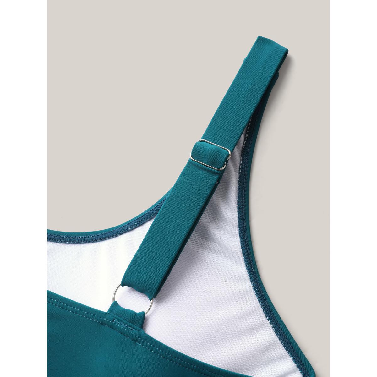 Plus Size Colorful Hem Scoop Neck Swim Top Women's Swimwear Cyan Resort Contrast High stretch Skinny U-neck Curve Swim Tops BloomChic 26/4X Product Image