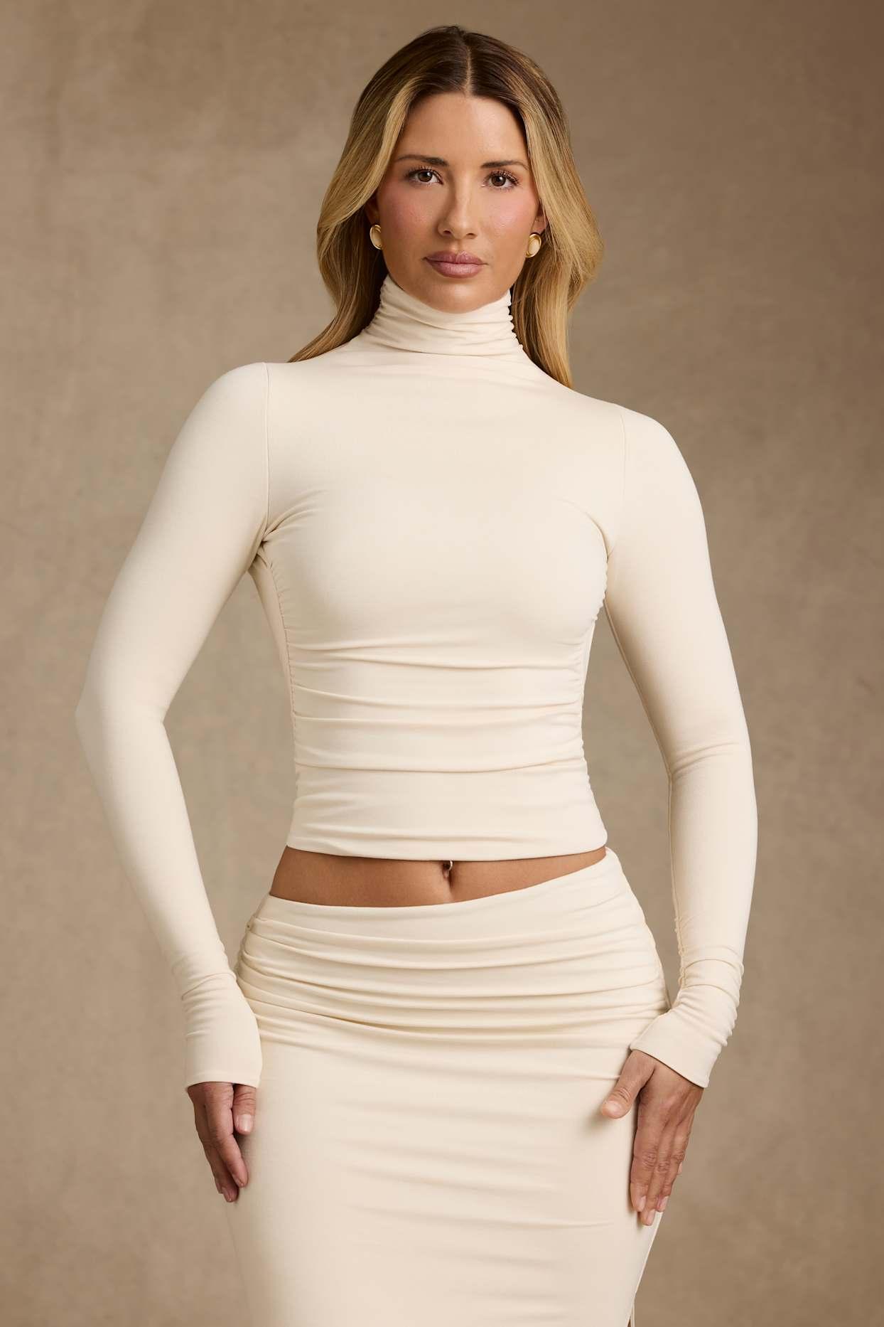Modal Ruched Backless Turtleneck Top in Ivory Product Image