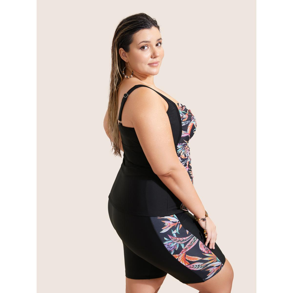 Plus Size Tropical Print Patchwork Crossover Gathered Swim Top Women's Swimwear Multicolor Beach Twist High stretch Skinny Square Neck Curve Swim Tops BloomChic 10/M Product Image