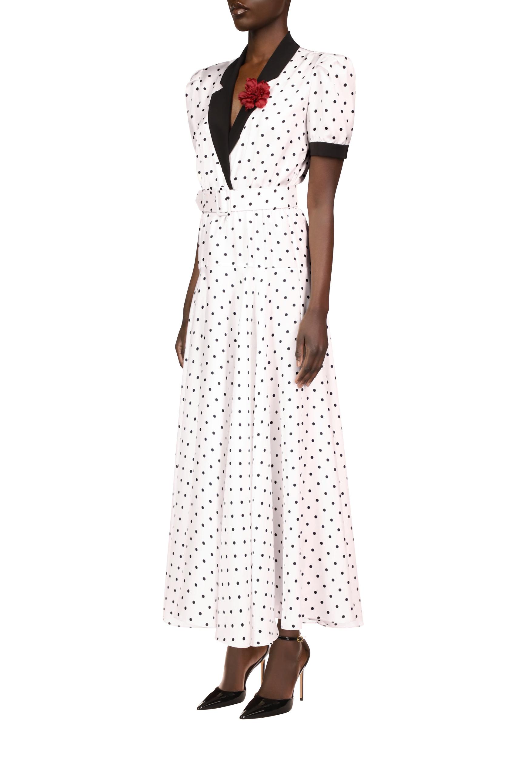 White and Black Polka Dot Silk Twill Collared Dress With Belt Product Image