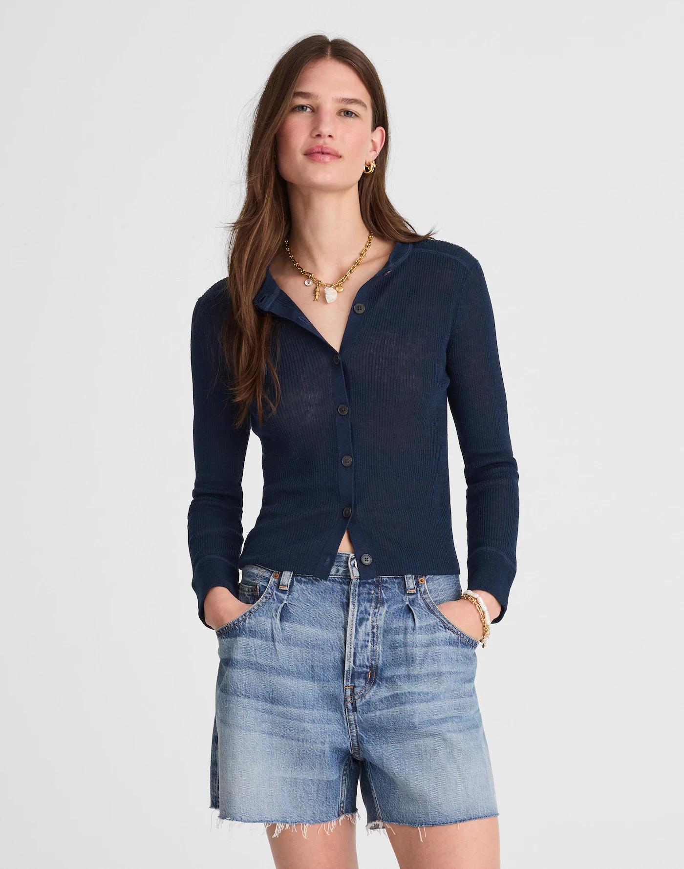 Linen-Blend Crewneck Cardigan Product Image