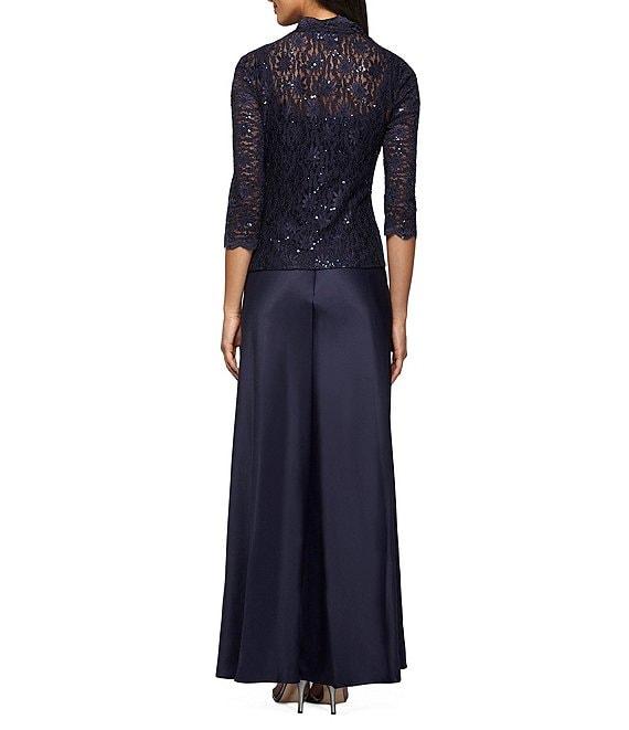 Alex Evenings Sequin Embellished Floral Lace Square Neck A-Line 3/4 Sleeve Satin 2-Piece Jacket Gown Product Image