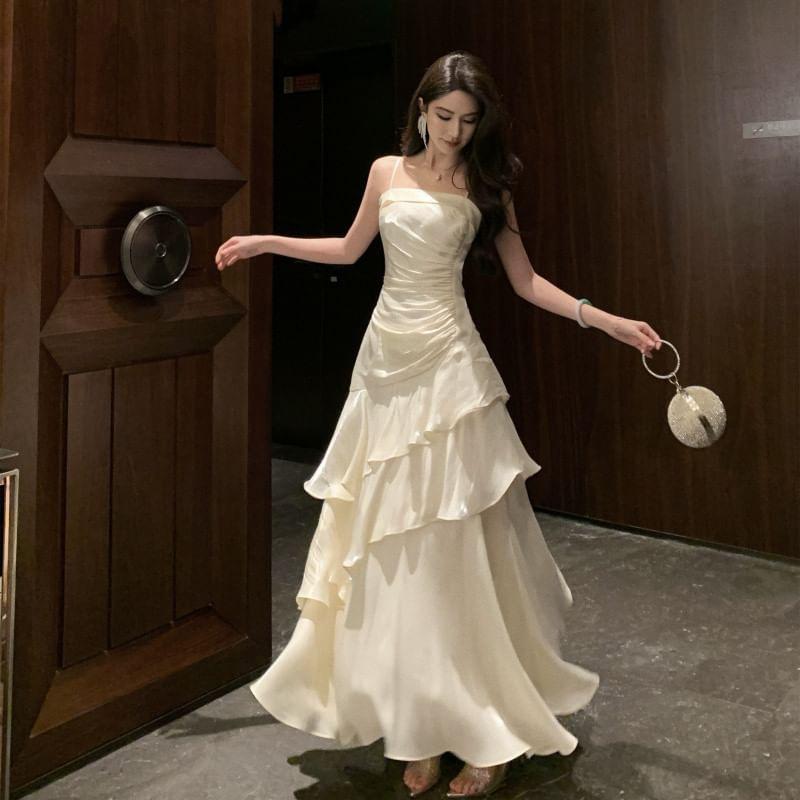 Spaghetti Strap Plain Ruched Ruffle Trim Maxi A-Line Dress Product Image