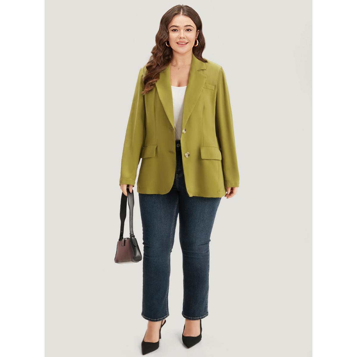 Plus Size Plain Pocket Button Up Suit Collar Blazer Olive Women Dailywear Plain Plain Sleeve Long Sleeve Lapel Collar 28/5X Pocket Casual Blazers BloomChic Product Image