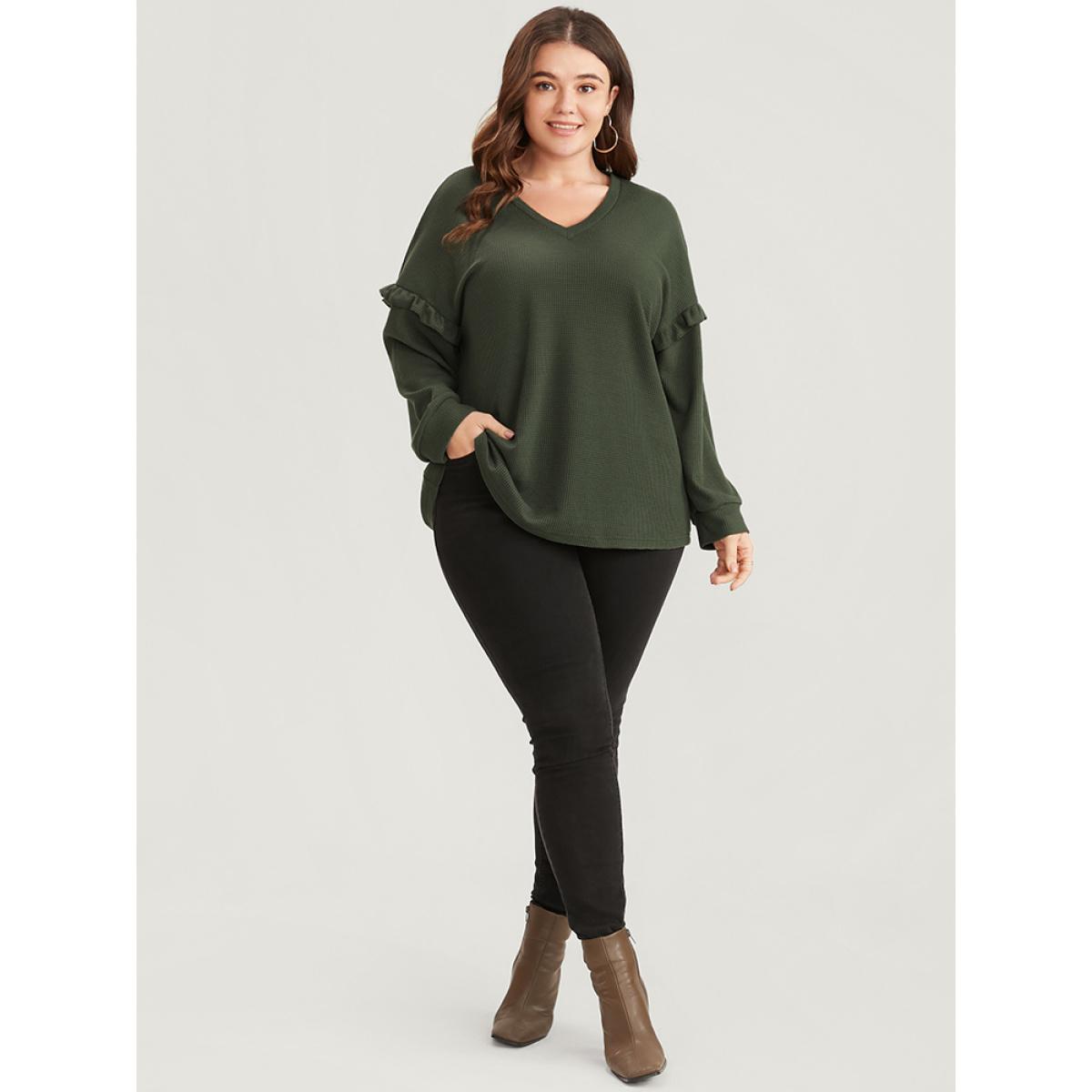 Plus Size Solid V Neck Ruffles Trim Long Tee Sage Women Elegant Ruffles Plain V-neck Dailywear T-shirts BloomChic 22-24/3X Product Image