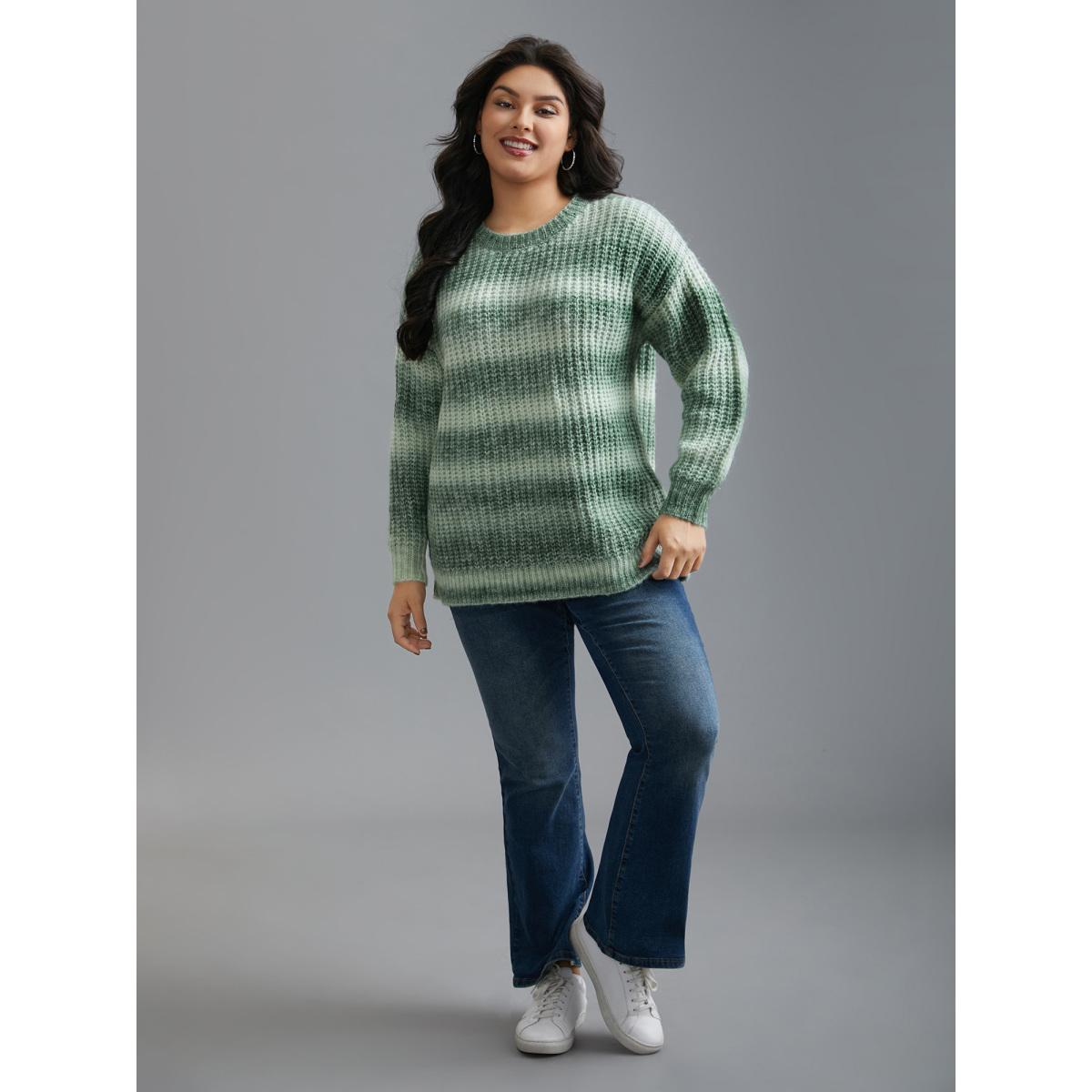 Plus Size Striped Ribbed Knit Drop Shoulder Pullover Moss Women Casual Loose Long Sleeve Round Neck Everyday Pullovers BloomChic 14-16/1X Product Image