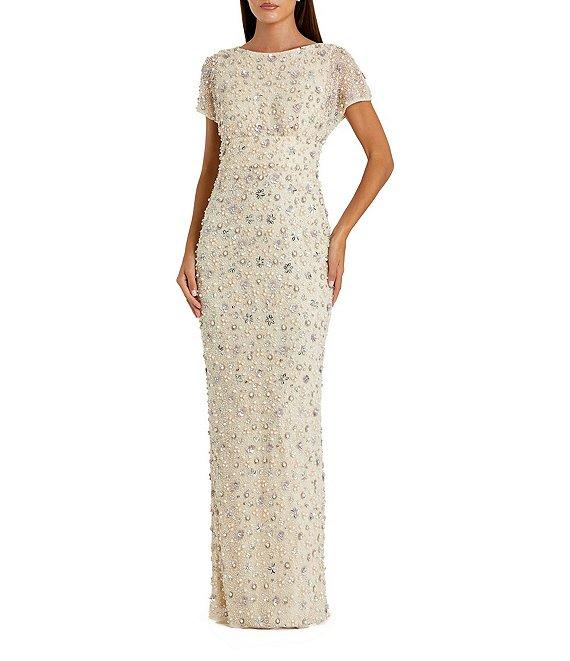 Mac Duggal Embellished Floral Mesh Boat Neck Short Sleeve Blouson Gown Product Image