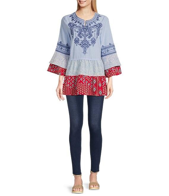 Calessa Patchwork Print Embroidered Split Round Neck 3/4 Tiered Ruffle Sleeve Tunic Product Image