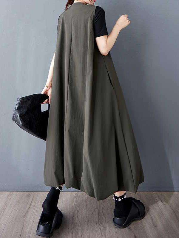 A-Line Loose Buttoned Pleated Pockets Solid Color V-Neck Midi Dresses Vest Outerwear Product Image