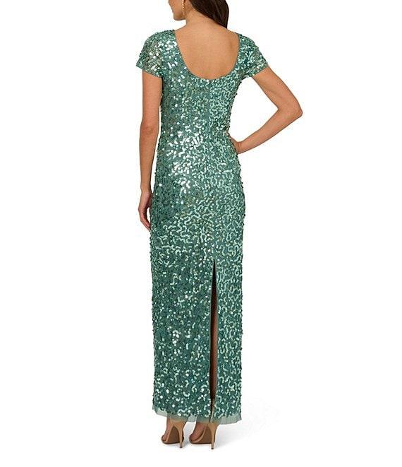 Adrianna Papell Petite Size Beaded Crew Neck Short Sleeve Column Gown Product Image