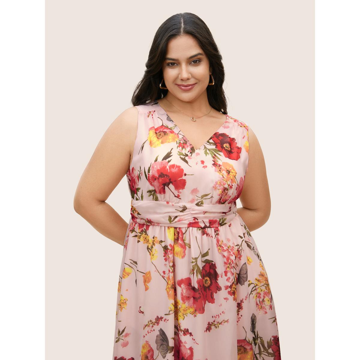 Plus Size V Neck Floral Ruched Sleeveless Dress Blush Women Elegant V-neck Sleeveless Curvy BloomChic 18-20/2X Product Image