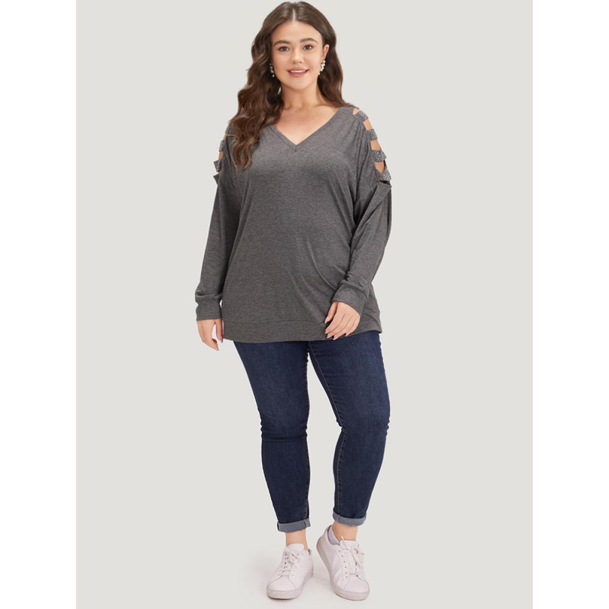 Plus Size Rhinestone Detail Hollow Out V Neck Long Sleeve T-shirt DimGray Women Casual Cut-Out Plain V-neck Dailywear T-shirts BloomChic 14-16/1X Product Image