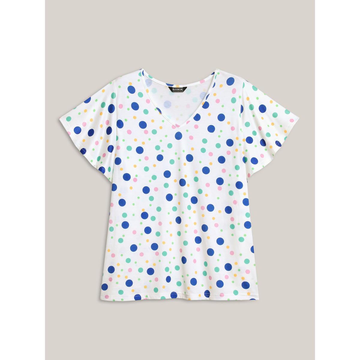 Plus Size Stretchy Playful Polka Dots Ruffled T-Shirt WhiteSmoke Women Contrast V-neck Everyday-Elegant T-shirts BloomChic 22-24/3X Product Image