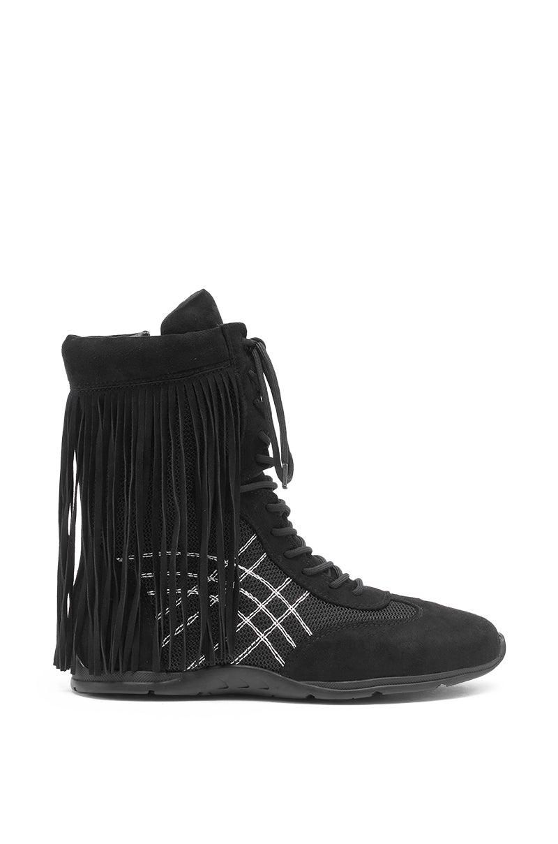 AZALEA WANG ZITHER BLACK FLAT FRINGE BOOTIE Product Image
