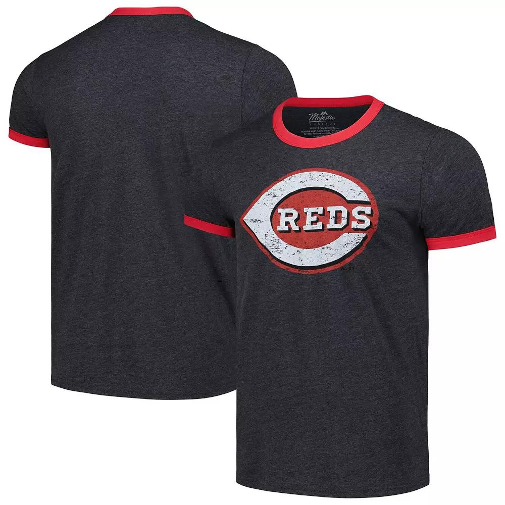 Men's Majestic Threads Black Cincinnati Reds Ringer Tri-Blend T-Shirt, Size: Small, Red Black Product Image