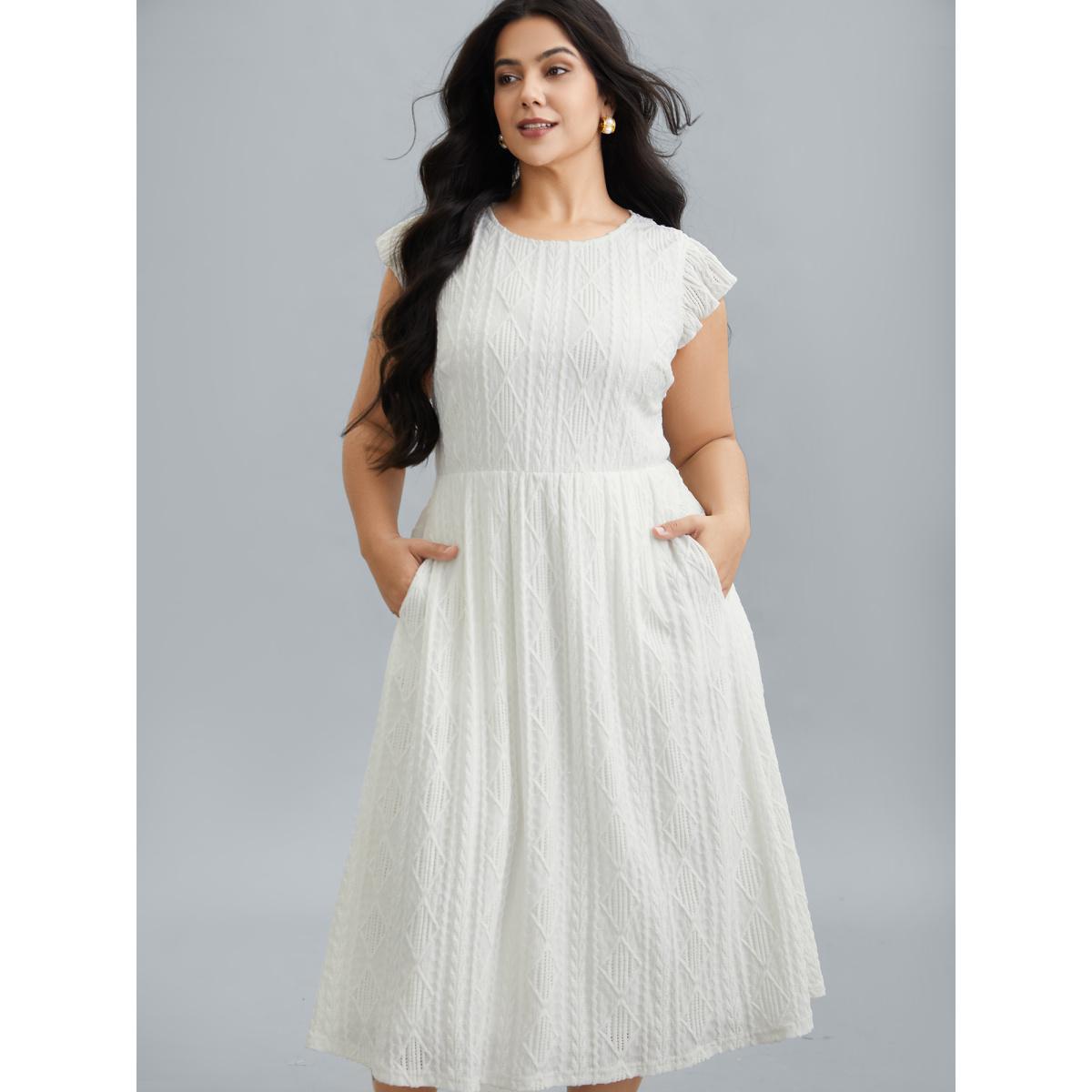 Plus Size Flutter Sleeve Textured Pockets Midi Dress Ivory Women Casual Texture Round Neck Cap Sleeve Curvy BloomChic 30/6X Product Image