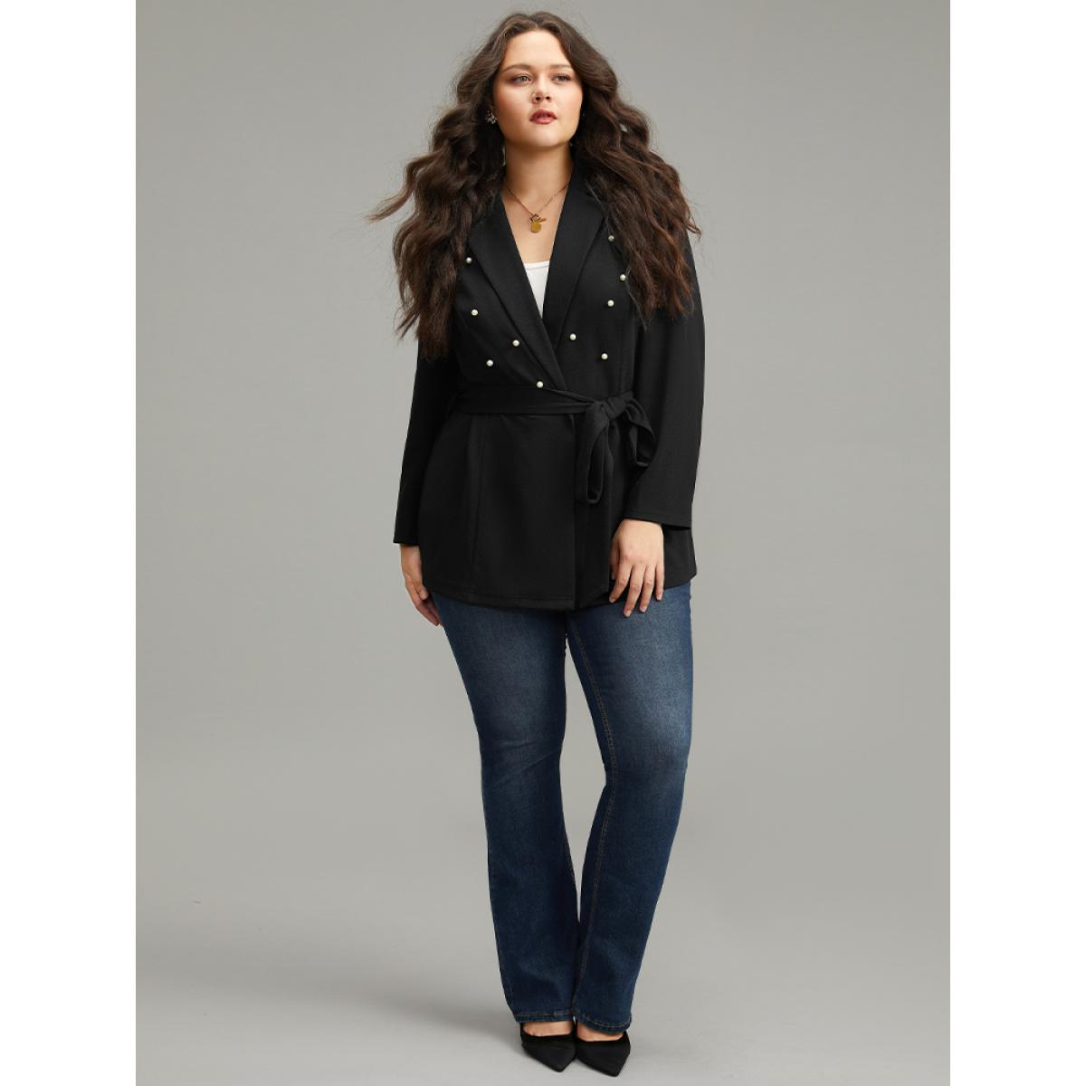 Plus Size Pearl Beaded Belted Blazer Black Women Dailywear Plain Beaded Sleeve Long Sleeve Suit Collar 22-24/3X Belt Elegant Blazers BloomChic Product Image
