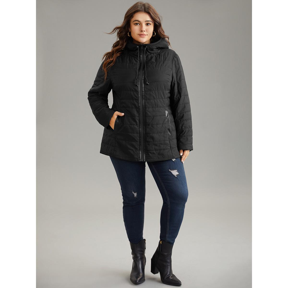 Plus Size Drawstring Patchwork PU Leather Zipper Jacket Women Black Casual Lined Ladies Everyday Winter Coats BloomChic 22-24/3X Product Image