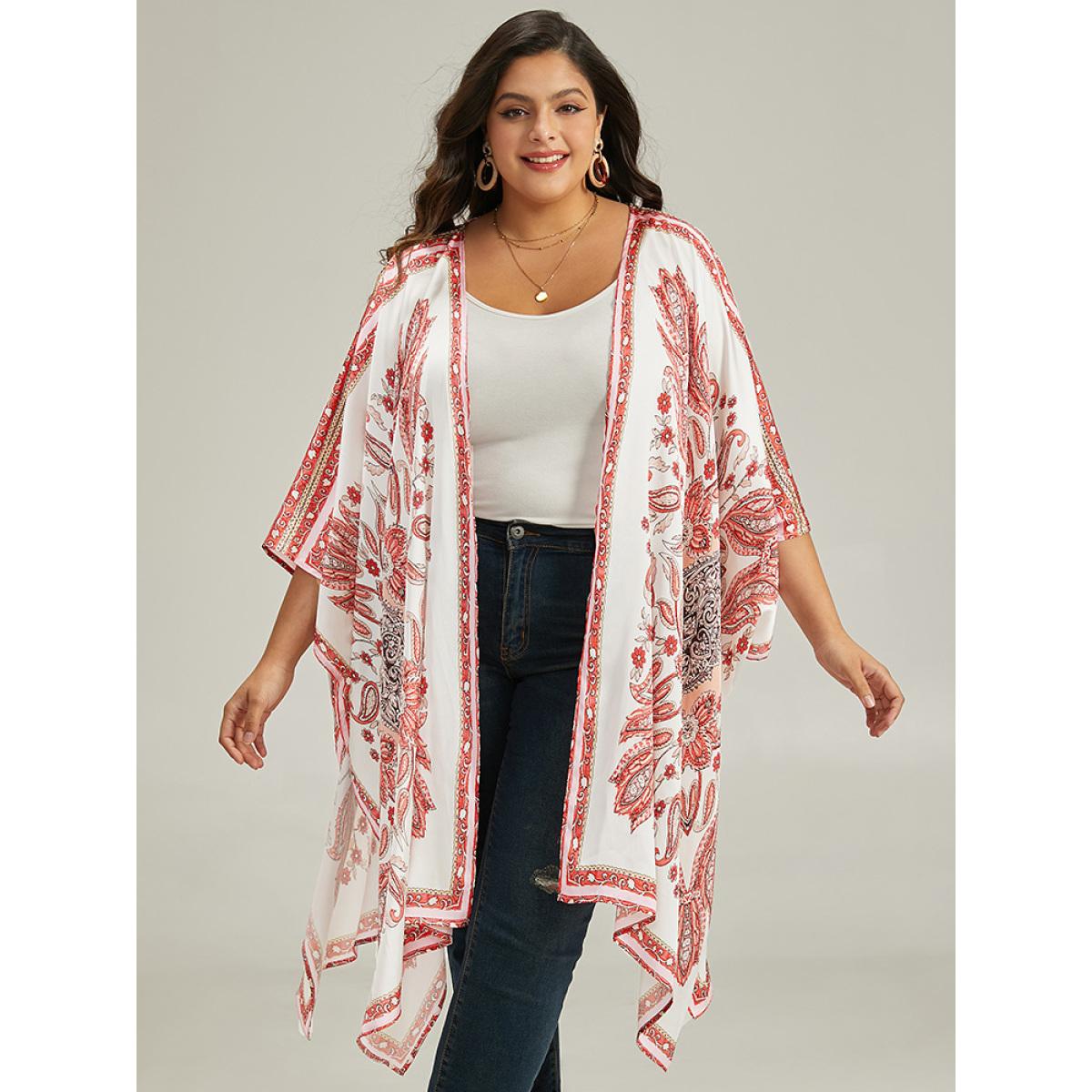 Plus Size Paisley Print Asymmetrical Hem Drape Kimono Women Brown Casual Drape Loose Dailywear Kimonos BloomChic 18-20/2X Product Image