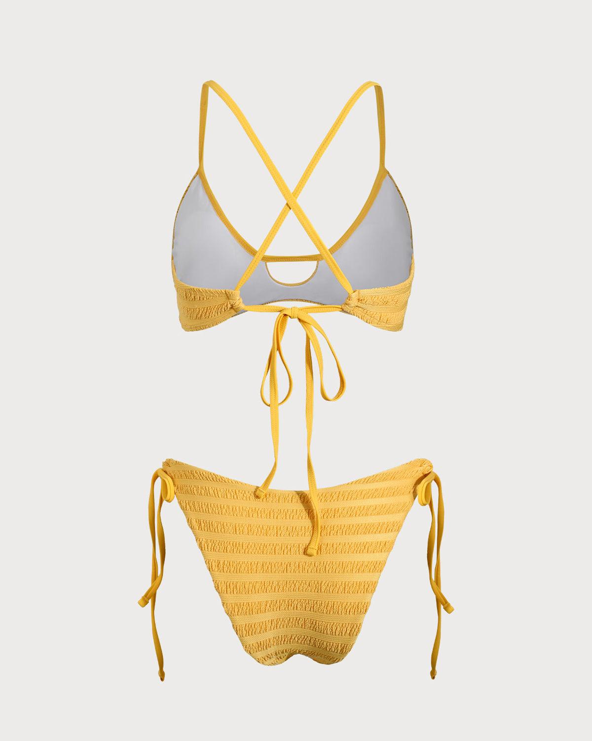 Yellow Textured Ruched Cutout Bikini Set Product Image