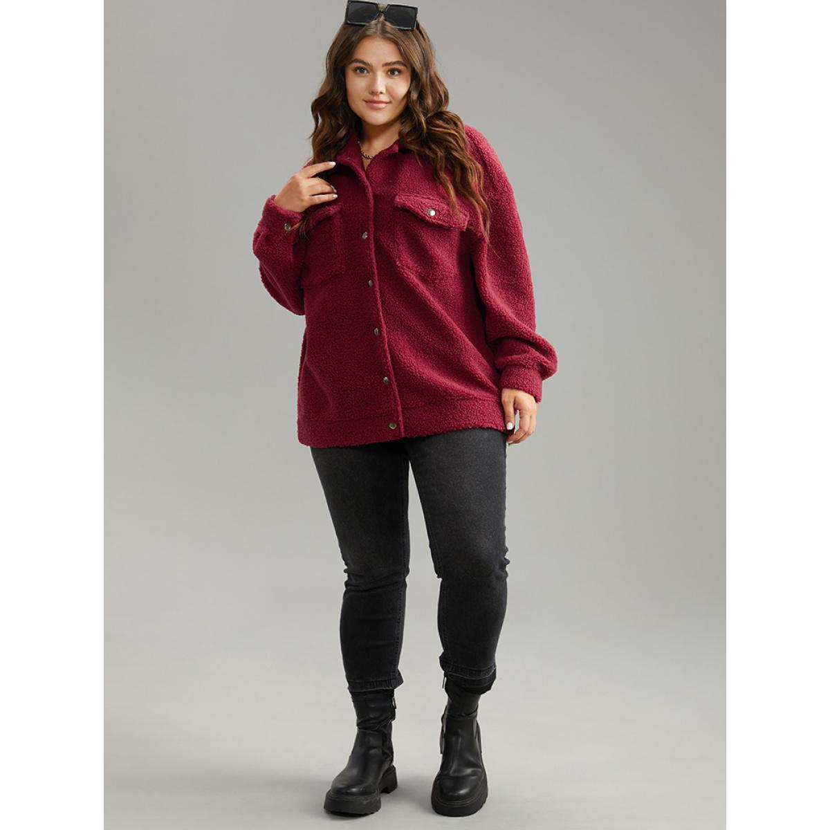 Plus Size Fuzzy Solid Flap Pocket Button Fly Coat Women Russet Casual Texture Ladies Everyday Winter Coats BloomChic 22-24/3X Product Image