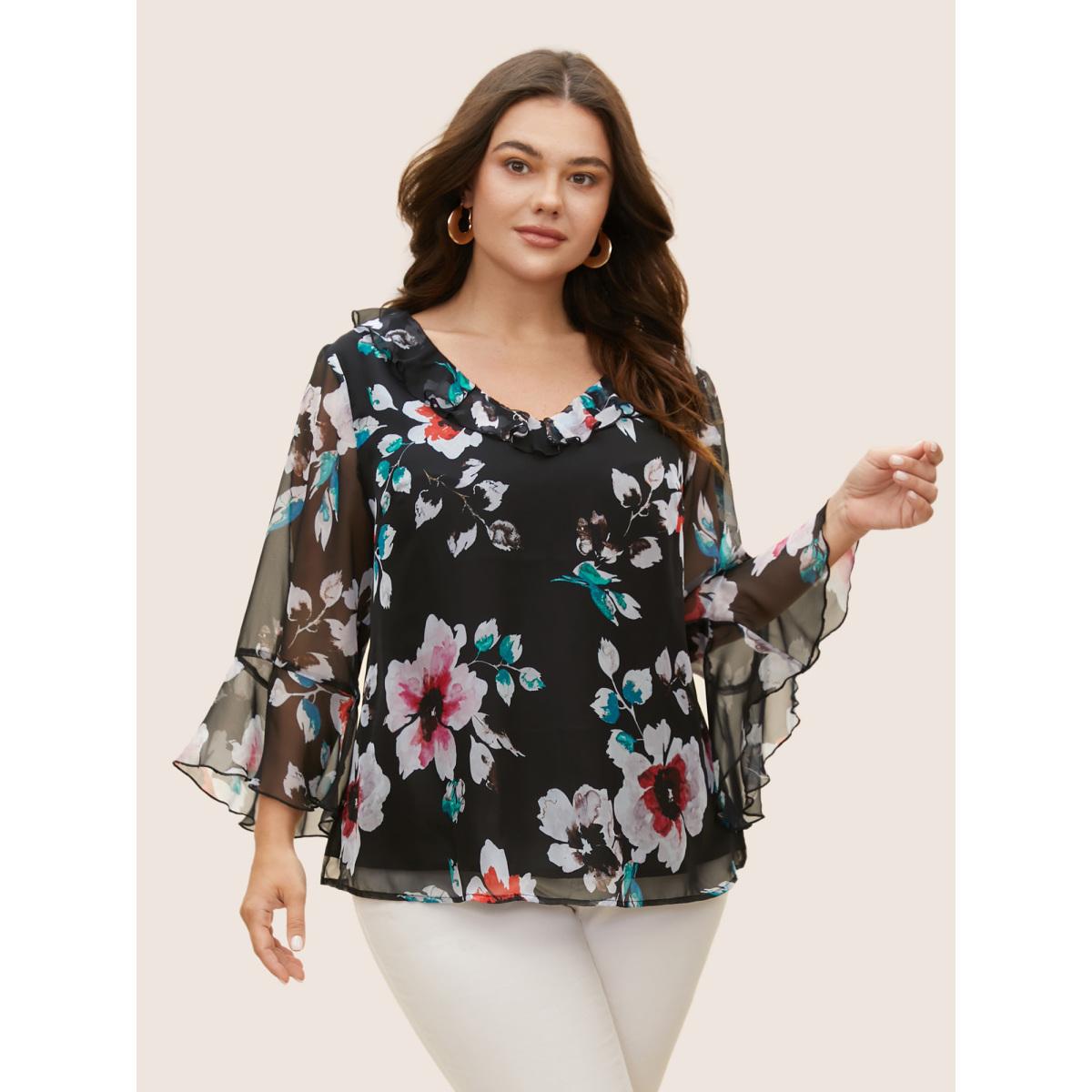 Plus Size Black Chiffon Floral Ruffles Mesh Blouse Women Elegant Elbow-length sleeve V-neck Everyday Blouses BloomChic 26/4X Product Image