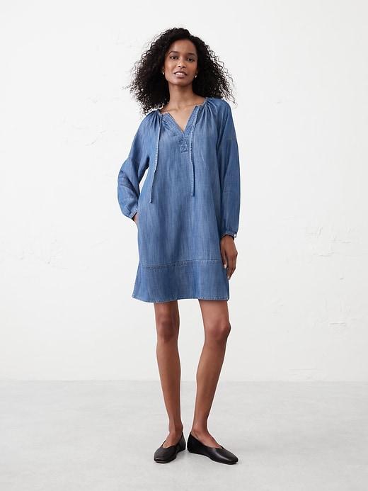 Tie-Neck Chambray Mini Dress Product Image