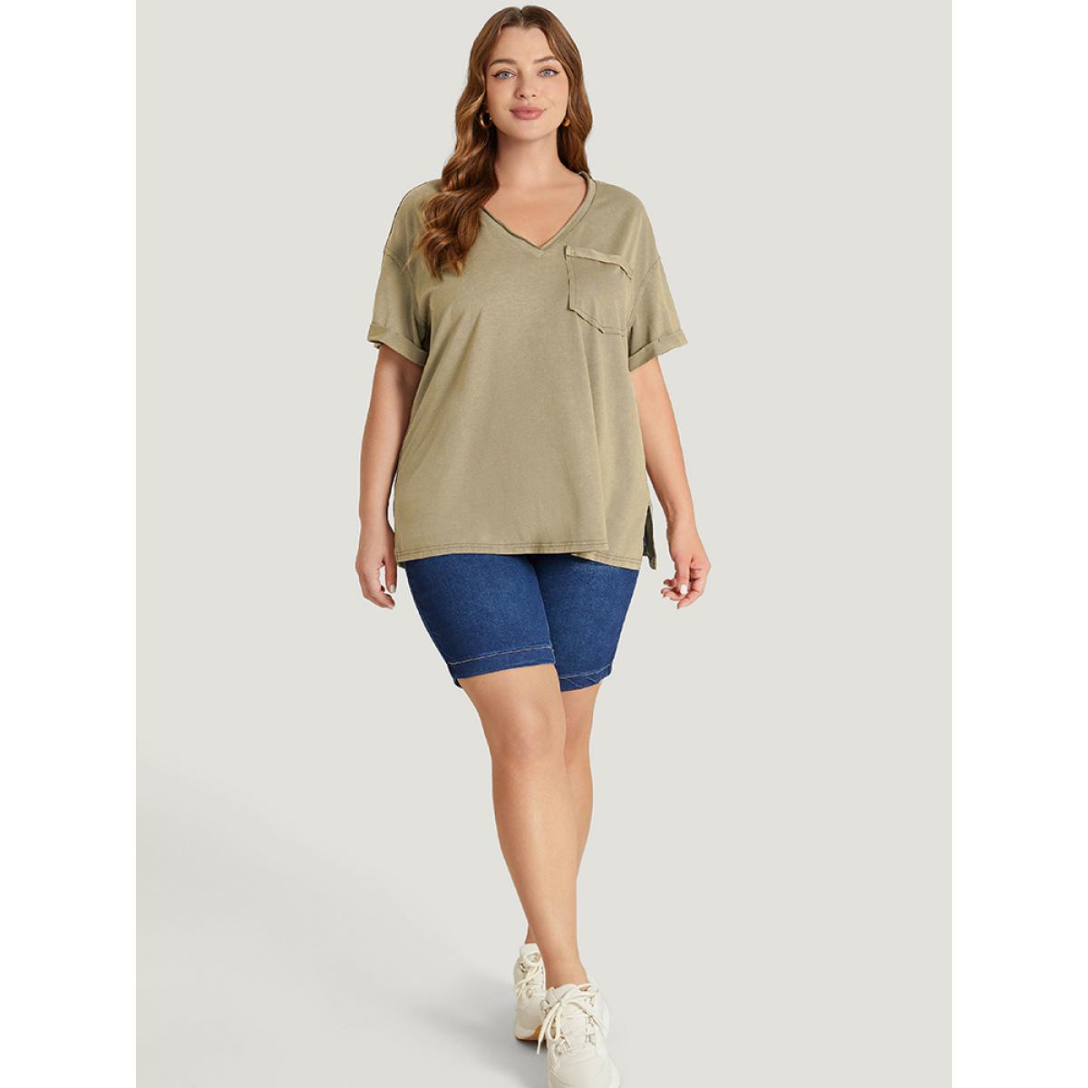 Plus Size Solid Vintage Roll Sleeve Pocket Split Hem T-shirt Sage Women Casual Slit Plain V-neck Dailywear T-shirts BloomChic 10/M Product Image