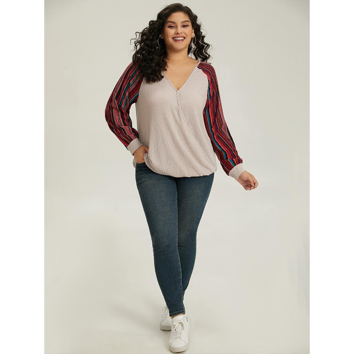 Plus Size Bandana Print Patchwork V Neck Raglan Sleeve T-shirt LightBrown Women Casual Elastic cuffs Bohemian Print Overlap Collar Dailywear T-shirts BloomChic 10/M Product Image