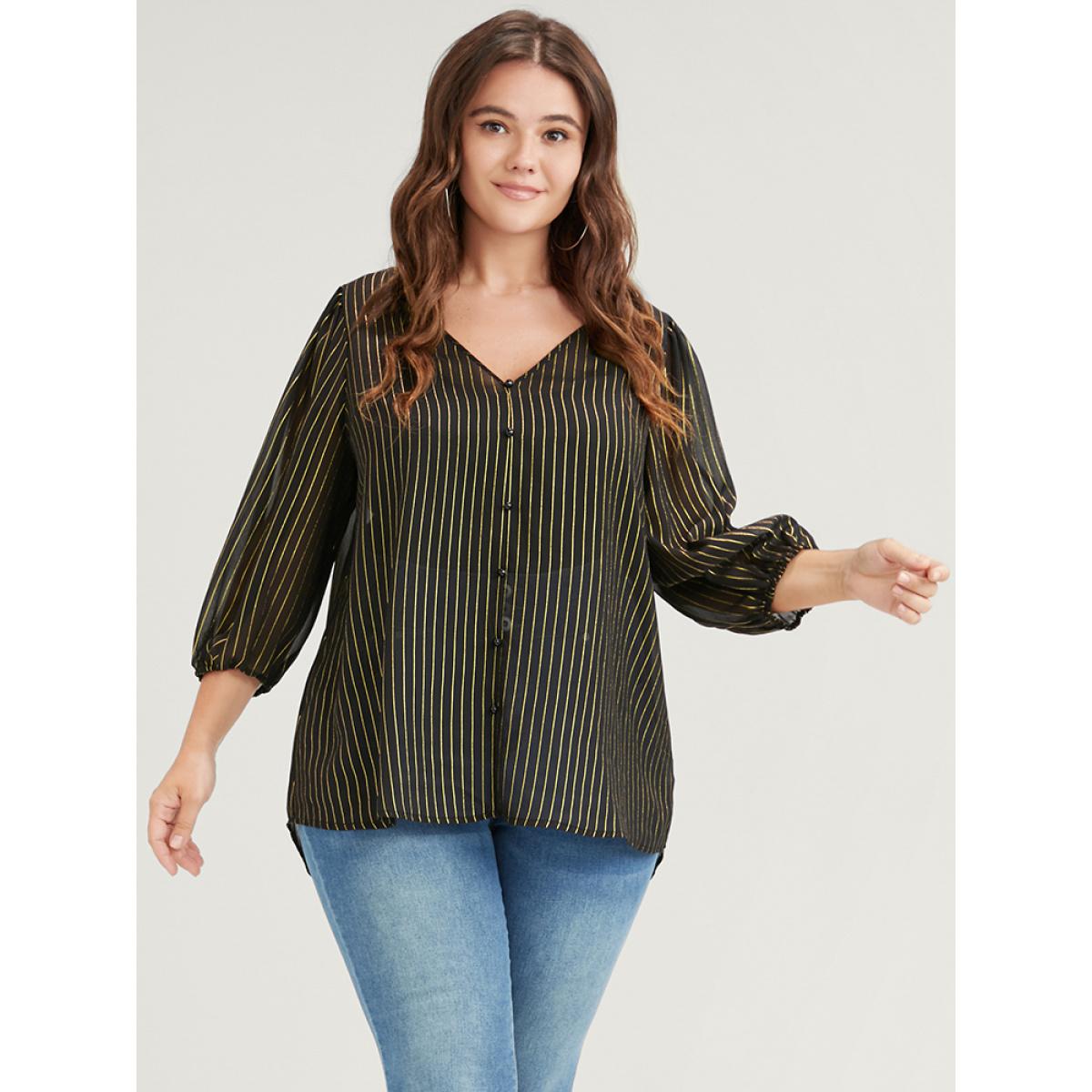 Plus Size Black Striped Mesh Lantern Sleeve V Neck Blouse Women Elegant Elbow-length sleeve V-neck Dailywear Blouses BloomChic 26/4X Product Image