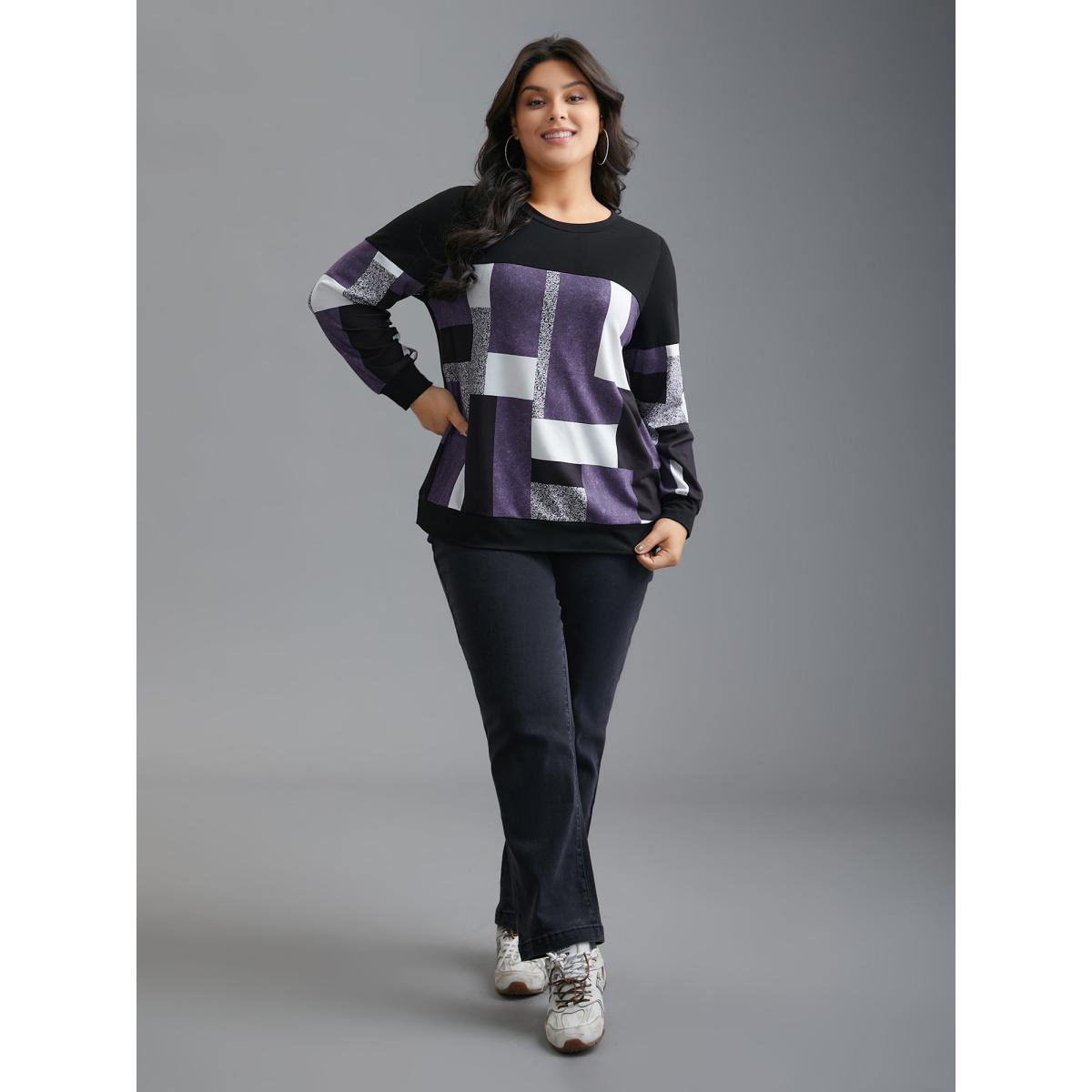 Plus Size Crew Neck Geometric Patchwork Sweatshirt Women Deeppurple Casual Contrast Loose Round Neck Everyday Sweatshirts BloomChic 28/5X Product Image