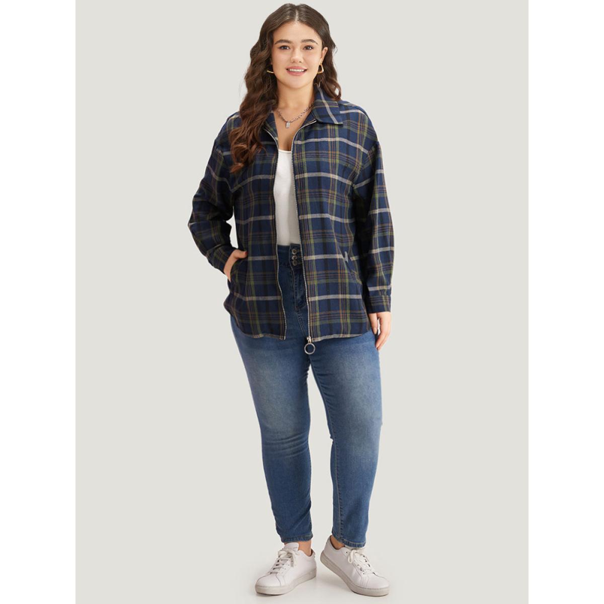 Plus Size Plaid Lapel Collar Pocket Zipper Fly Coat Women Indigo Zipper Pocket Dailywear Jackets BloomChic 18-20/2X Product Image